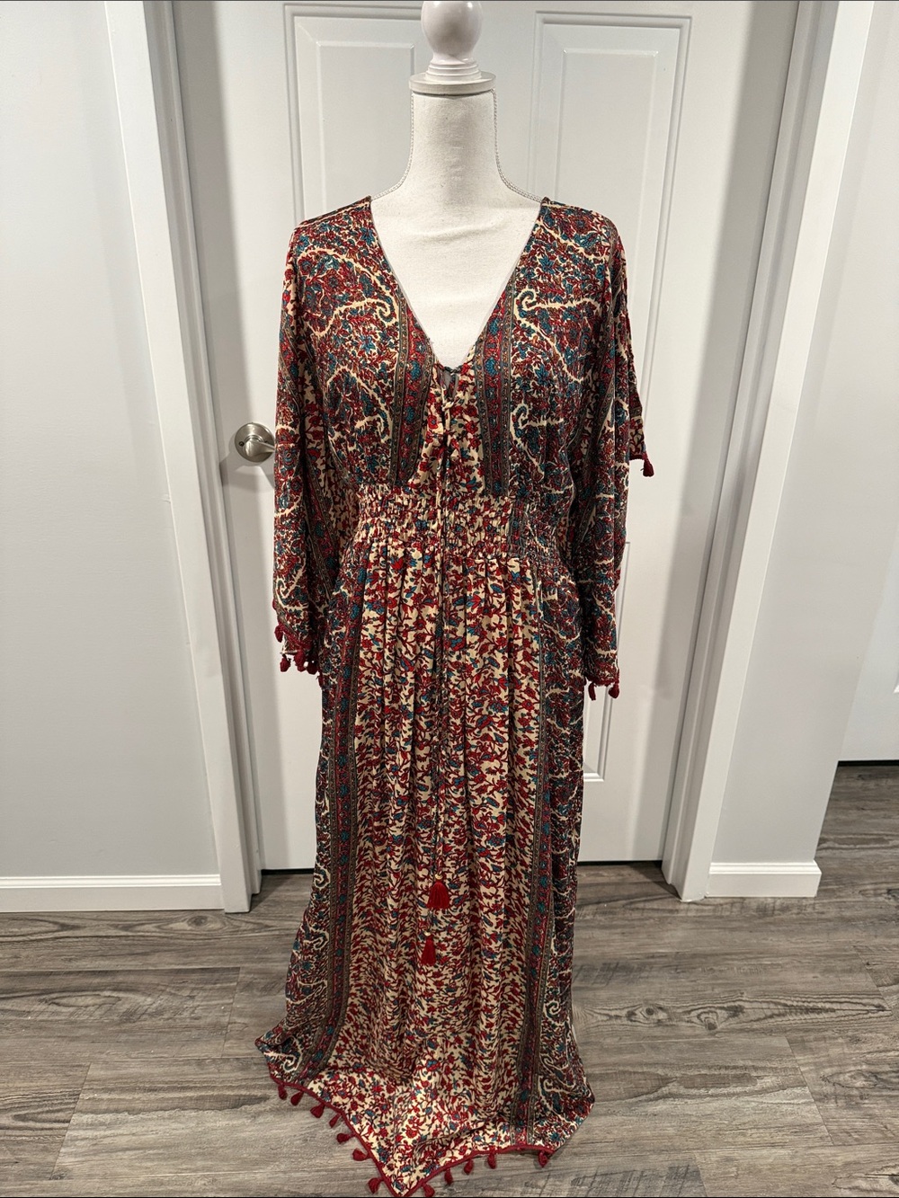 Anthropologie Raga Tassel Bohemian Paisley Kimono Maxi Dress 70s Size M Boho - Picture 2 of 9